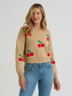 Women's Cherry Print All Over Crop Sweater in Straw main view