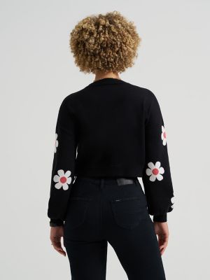 Women's Daisy Print Sleeve Crop Sweater