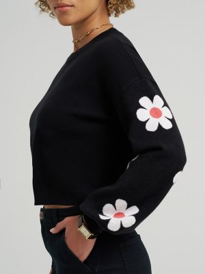 Women's Daisy Print Sleeve Crop Sweater