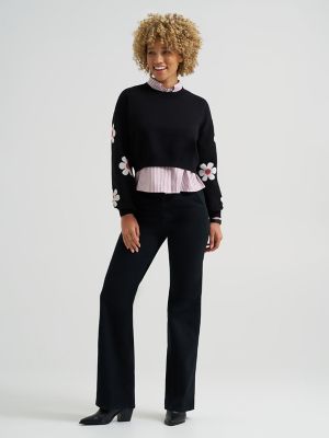 Women's Daisy Print Sleeve Crop Sweater