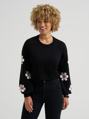 Women's Daisy Print Sleeve Crop Sweater