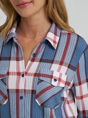 Women's Double Pocket Plaid Button Down Shirt