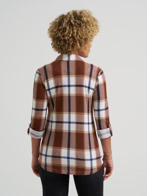 Women's Double Pocket Plaid Button Down Shirt in Luxe Brown