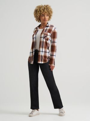 Women's Double Pocket Plaid Button Down Shirt in Luxe Brown
