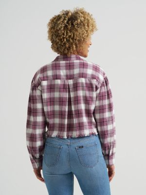 Women's Plaid Flannel Crop Shirt with Raw Hem