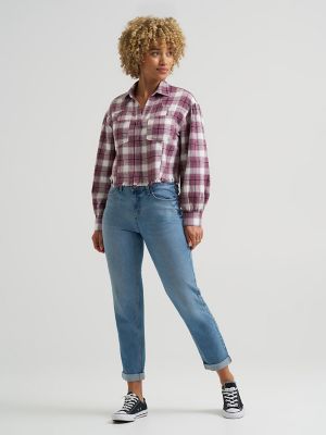Women's Plaid Flannel Crop Shirt with Raw Hem
