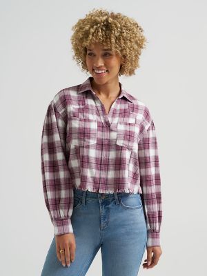 Lee Plaid Flannel Crop Shirt with Raw Hem Deep Wine (Size S), image size:1408x1880