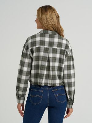 Women's Plaid Flannel Crop Shirt with Raw Hem in Olive Stone alternative view