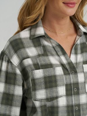 Women's Plaid Flannel Crop Shirt with Raw Hem in Olive Stone alternative view 2