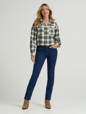 Women's Plaid Flannel Crop Shirt with Raw Hem in Olive Stone alternative view 4