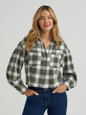 Women's Plaid Flannel Crop Shirt with Raw Hem