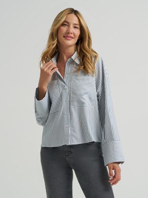 Women's Striped Crop Button Down Shirt