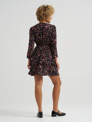 fitted lace wedding dress Black Floral Lace Long Sleeve Ruffle Hem Mini Dress main image 1