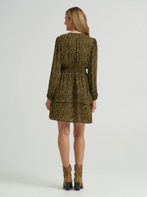 Women's Long Sleeve Floral Ruffle Dress in Army Green