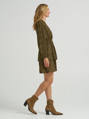 Women's Long Sleeve Floral Ruffle Dress in Army Green