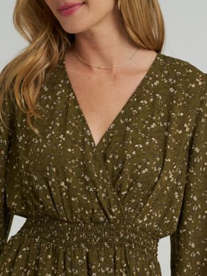 Women's Long Sleeve Floral Ruffle Dress in Army Green