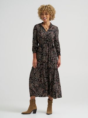 Women's Long Sleeve Printed Maxi Dress