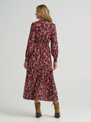 Women's Long Sleeve Printed Maxi Dress in Burgundy Wine