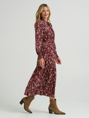 Women's Long Sleeve Printed Maxi Dress in Burgundy Wine