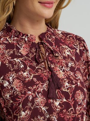 Women's Long Sleeve Printed Maxi Dress in Burgundy Wine