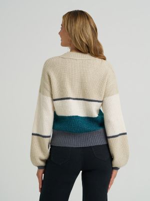 Women's Ribbed V-Neck Color Block Sweater in Teal Brigade alternative view