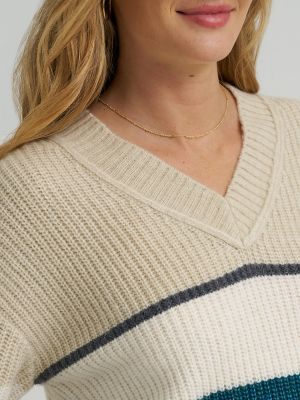 Women's Ribbed V-Neck Color Block Sweater in Teal Brigade alternative view 2