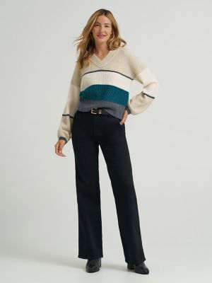Women's Ribbed V-Neck Color Block Sweater in Teal Brigade alternative view 3