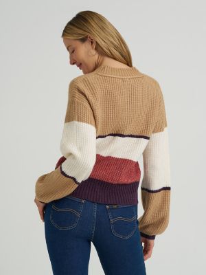 Women's Ribbed V-Neck Color Block  Sweater