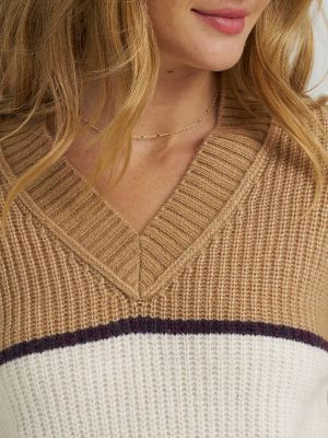 Women's Ribbed V-Neck Color Block  Sweater