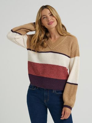 Women's Ribbed V-Neck Color Block  Sweater