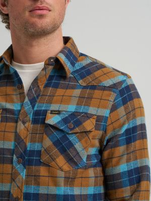 Men's Stretch Flannel Western Plaid Shirt in Storm Blue alternative view 2