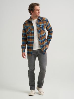 Men's Stretch Flannel Western Plaid Shirt in Storm Blue alternative view 3