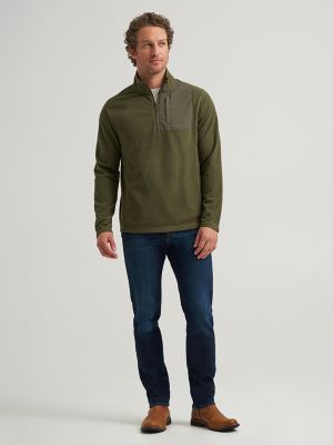 Men's Polar Fleece Quarter Zip Mock Neck Sweater in Dark Olive alternative view 3
