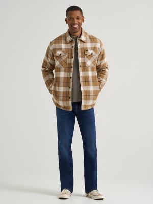 Men's Sherpa Lined Flannel Shirt Jacket in Oatmeal Heather alternative view 4