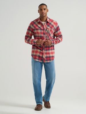 Men's Flannel Button Down Work Shirt in Safari Red