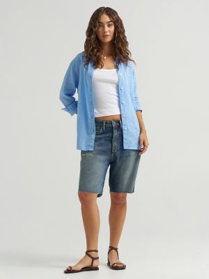 Women's Low Rise Button-Fly Darted Slouch Denim Bermuda in Heavy Rainfall