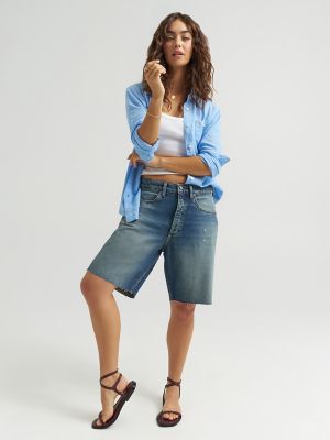 Women's Low Rise Button-Fly Darted Slouch Denim Bermuda