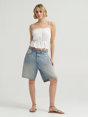 Women's Low Rise Button-Fly Darted Slouch Denim Bermuda in Warm Ocean