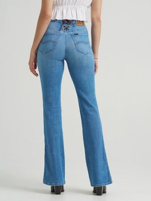 Women's Lace Up Back Button-Fly Bootcut Jean