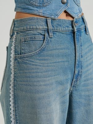 Women's Lace Side Seam Low Slung Baggy Jean
