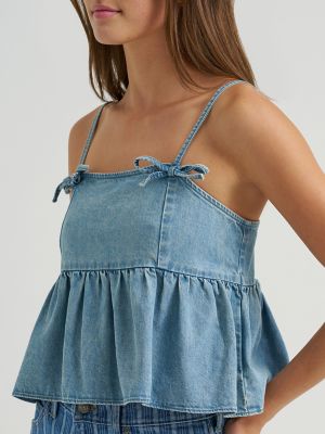 Women's Denim Bow Peplum Top