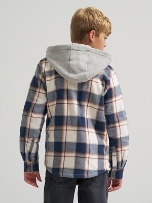 Boy's Flannel Sherpa Shacket with Fleece Lined Hood in Navy