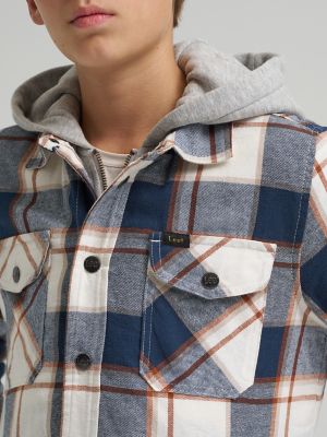 Boy's Flannel Sherpa Shacket with Fleece Lined Hood in Navy