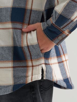 Boy's Flannel Sherpa Shacket with Fleece Lined Hood in Navy