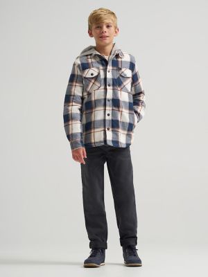 Boy's Flannel Sherpa Shacket with Fleece Lined Hood in Navy