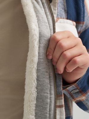 Boy's Flannel Sherpa Shacket with Fleece Lined Hood in Navy