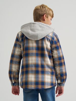 Boy's Flannel Sherpa Shacket with Fleece Lined Hood in Wheat