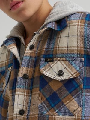 Boy's Flannel Sherpa Shacket with Fleece Lined Hood in Wheat