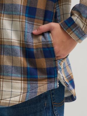 Boy's Flannel Sherpa Shacket with Fleece Lined Hood in Wheat