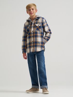 Boy's Flannel Sherpa Shacket with Fleece Lined Hood in Wheat